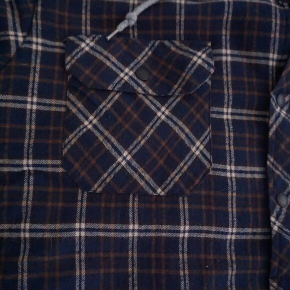 VTG '90s Dickies Navy Grey Quilt Lined Removable Hood Button Up Plaid Shacket XL - Picture 5 of 12